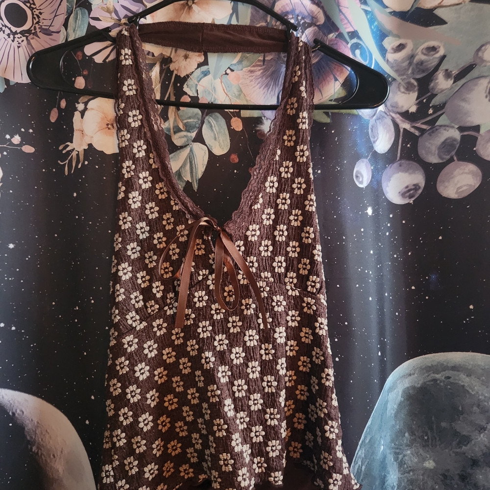 Brown Floral Lace Tank Top